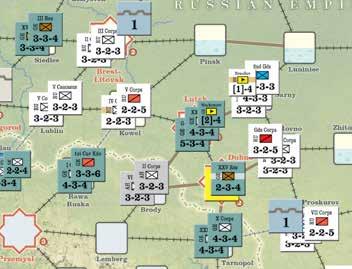 Corps moves from Kharkov to Proskurov, and RU V Cav. Corps moves from Kharkov to Kowel. CP rolls a 3 for its offensive fire on the 8-9 Column of the Heavy Fire Table, with a +2 DRM.