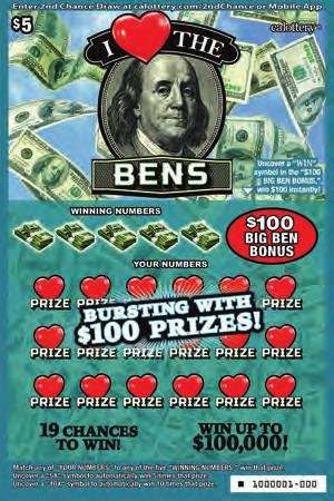 $ 5 I THE BENS GAME #1345 FEBRUARY 2019 BURSTING WITH 0 PRIZES! WIN UP TO 0,000! PRIZE PAYOUT 68% HOW TO PLAY Match any of YOUR NUMBERS to any of the five WINNING NUMBERS, win that prize.