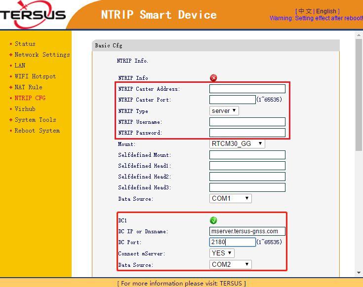 8) Set corresponding NTRIP information in NTRIP configuration interface as shown in the upper red box according to the NTRIP information attached as a label on the Ntrip Modem TR600.