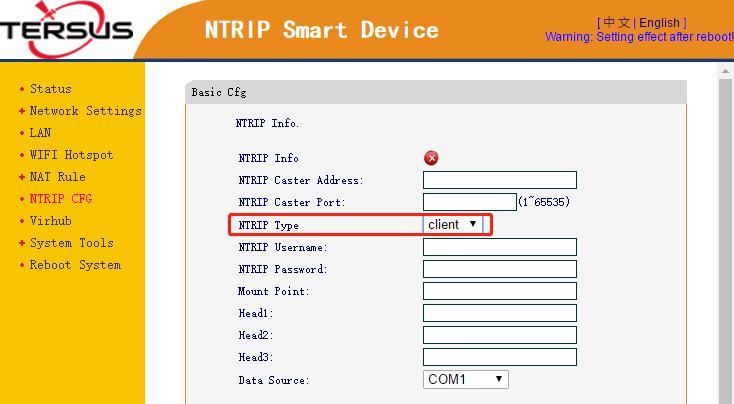 4.2 GeoBee working under Ntrip client mode If GeoBee is configured to work under Ntrip client mode, fill in the Ntrip information under the [NTRIP CFG] sub menu.