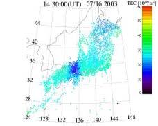 Figure 15: TEC variation over Japan during 12:30 15:00 UT on July 16, 2003.
