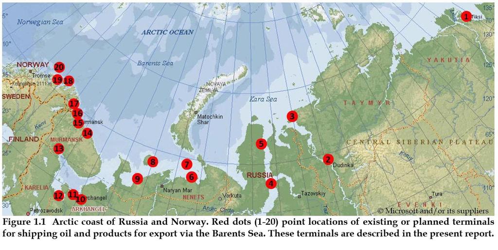 Planned oil & gas terminals along the Norwegian Russian Arctic