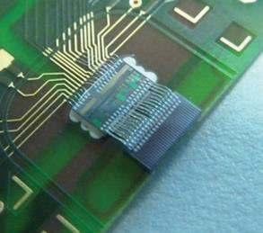 The quality of chip placement is in the range of 10µm which is very good because the chip is 4mm long. Figure 3 Left side demonstrates the accurate placing of a GMR chip exactly at the edge of a PCB.