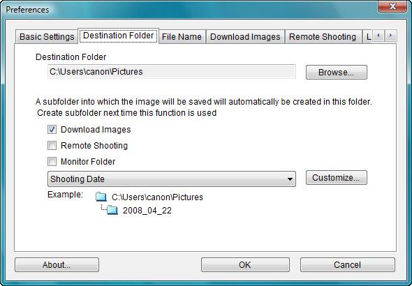 Destination Folder You can specify the save destination folder of images downloaded from your camera or of images shot remotely.