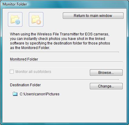 Click [Monitor Folder]. The [Monitor Folder] dialog box appears. Click the [Browse] button and specify the save destination folder for shot images.