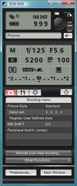 List of Capture Window Functions Drive mode Bracketing Power status* Shots to go mode Color temperature White balance Metering mode Exposure level Displays the [ menu] (p.
