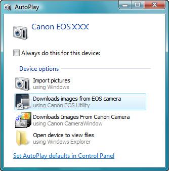Click [Downloads images from EOS camera]. EU Main window EU starts up, the main window appears, and your camera and computer can now communicate. Continue with Batch to Your Computer.