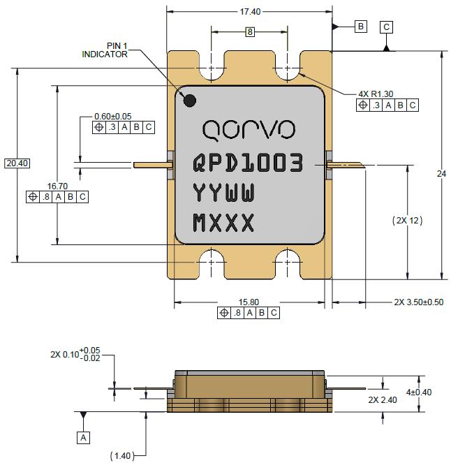 Package Marking and Dimensions 1, 2 QPD1003 1. All dimensions are in mm. Otherwise noted, the tolerance is ±0. mm. 2. The QPD1003 will be marked with the 1000 designator and a lot code marked below the part designator.