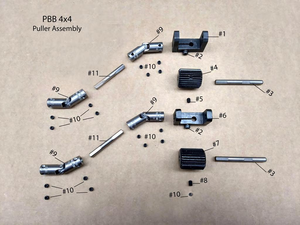 FRAME 4 PBB 4X4 PULLER ASSEMBLY #- PBB00FY Feed Roller Yoke Front #- PBB00SCL 0/3 x /" Screw #3- PBB003S Feed Roller Shaft () #4- PBB00R Feed Roller Front #5- PBB00RSC 0-3 x /4"