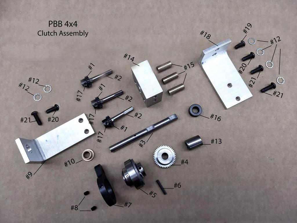 FRAME 5 PBB 4X4 CLUTCH ASSEMBLY #- PBB008G Gear, Small (3) #- PBB005S Gear Shaft (3) #3- PBB006SL Large Gear Shaft #4- PBB009G Gear, Large () #5- PBB00CL Main Clutch #6- PBB00P Pin #7- PBB00C Clutch