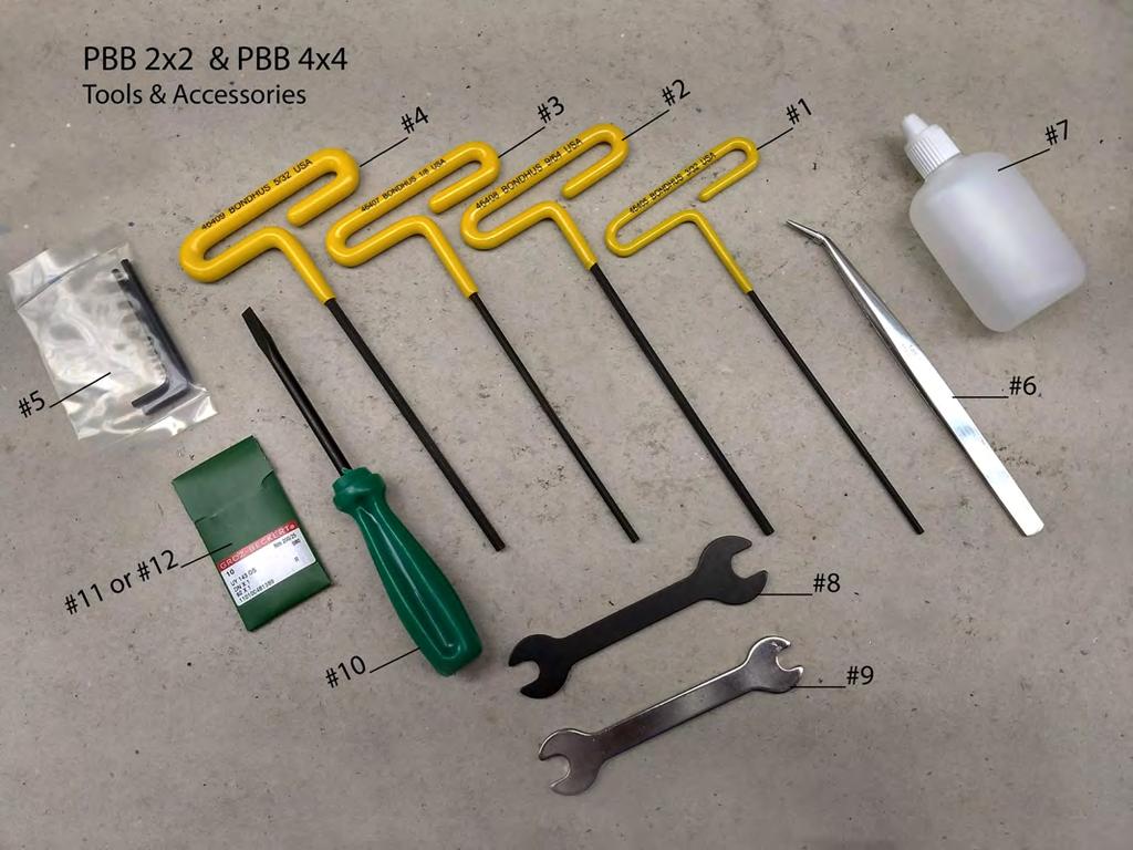 FRAME 8 ASSORTED TOOLS & ACCESSORIES #- PBB400 3/3 T-Bar Allen Wrench #- PBB4004 9/64 T-Bar Allen Wrench #3- PBB4009 /8 T-Bar Allen Wrench #4- PBB400 5/3 T-Bar Allen Wrench #5- PBB4003 Set of Allen