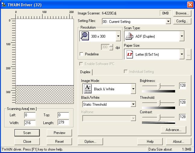 2.1 Scanning Double Sided Docments 6. Select [ADF (Duplex)] from [Scan Type]. 2 7. Click the [Scan] button. For [TWAIN Driver] dialog box setting, refer to "1.5 How to Use the Scanner Driver" (page.
