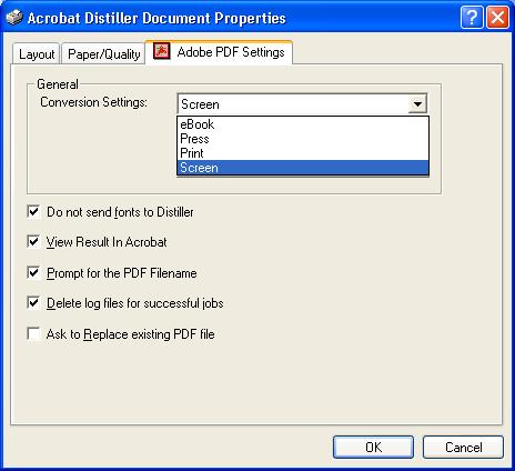 On the following dialog specify [Acrobat Distiller] for [Name].. 3. Press the [Properties] button. 4. Press the [Adobe PDF settings] tab. 5.