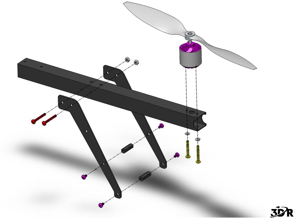 Insert two M3x18mm spacers in between the legs and fasten with 4x M3x5mm screws (Purple) for support.