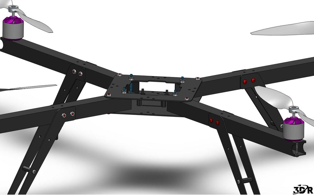 Assemble the main body of the Arducopter 3DR-B as shown above. The top and bottom bases are fastened to the four Arm sub-assemblies using the hardware indicated on the previous figures.