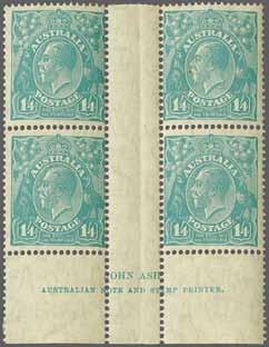 in an interpanneau JOHN ASH imprint block of four, all fresh and very fine, large part or unmounted og. Gi = 520+. 124/131 4*/** 200 ( 180) ½ d. orange to 1 s. 4 d. turquoise, wmk.