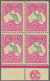 ' (Type 2), cancelled by Melbourne datestamps in black. Note first stamp at top of block with "Forked Tail to Kangaroo" variety.