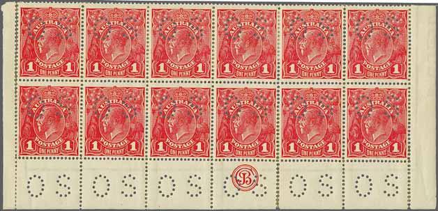 229 Corinphila Auction 28 & 29 November 2018 251 3874 3875 3877 3878 3880 3874 3875 1914/21: 1 d. carmine-red, second watermark, rough paper, comb perf. 14¼ x 14, punctured 'O.S.