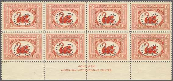 or unmounted og. Cert. Ceremuga (2017) ACSC 22b(4)z / Gi = 320+. O114 4*/** 200 ( 180) 3885 3885 3886 Centenary of Western Australia 1½ d. dull scarlet, punctured 'O.S.', an unused block of eight from base of sheet with full JOHN ASH imprint, fresh and fine with seven stamps unmounted og.