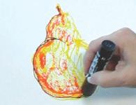 orange marker and then outline the shaded side of the pear with black.