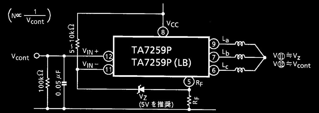 Control signal input In the initial state of the TA7259P/F/FG, the control voltage is usually input either by an F/V inverter or such like, where the voltage is in proportion or inverse proportion to