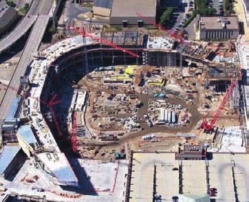 During preconstruction, a 4D model of the ballpark was created using design models (structural & architectural) in part to determine the scheduling of the cranes, all of which were to operate inside
