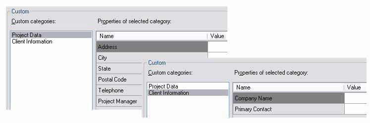 The second part of the dialog shows you the "Custom Categories fields, which are used for the general project information such as