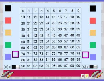NUMBER GRID (0-99) Click on a coloured tile to make a copy that can be dragged onto the grid to highlight a number.