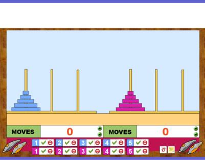 TOWERS OF HANOI 5 DISCS (DOUBLE) It can be used in to explore the Towers of Hanoi. Click and drag a coloured disc to move it from one peg to another.