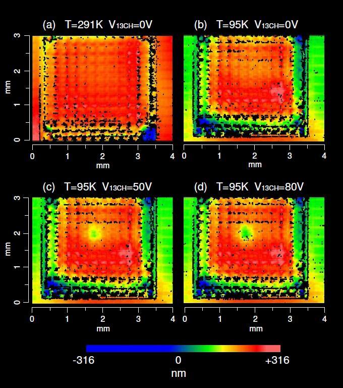 Interferometric 3D surface data All data were obtained by measurements made through the window of the vacuum cryostat. (a) Surface without voltage applied at room temperature.