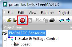 Click the Stop button in the FreeMASTER toolbar, as shown in Figure 7. Figure 7. Initiating the communication with the embedded side The next step is switching the application to the RUN state.