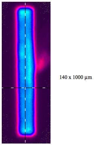 Figure 3.26: A 150 µm x 1000 µm STREMER under a 500 ma drive current. A neutral density filter, ND = 1.