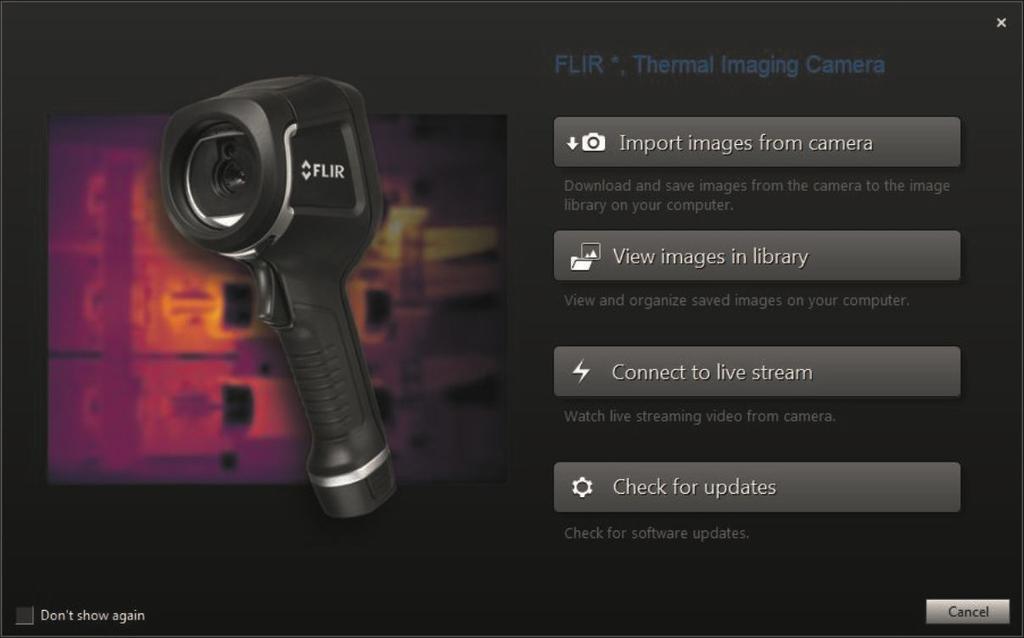 Start Flir Tools/Tools+. 2. Turn on the infrared camera. 3. Connect the camera to the computer, using a USB cable. This displays an import guide. Figure 11.2 Import guide (example).