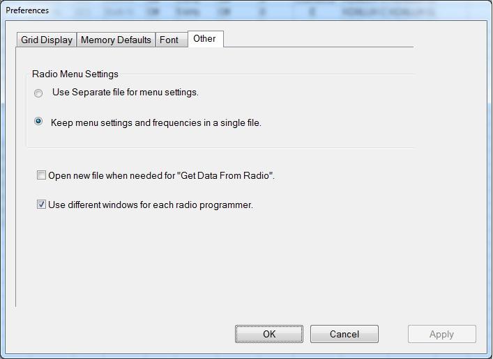 56 THD74 Programmer Help Radio Menu settings By default (Use Separate file for menu settings), the programmer saves your global settings (Settings Radio Menu Settings) to a separate file.