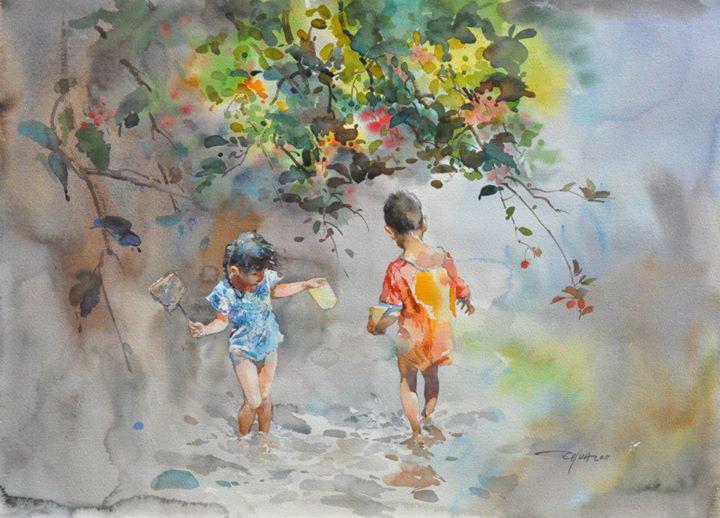Monochrome background added with strong and fast strokes of bright colours expresses more energetic enjoyment and fun of playing around in the nature.