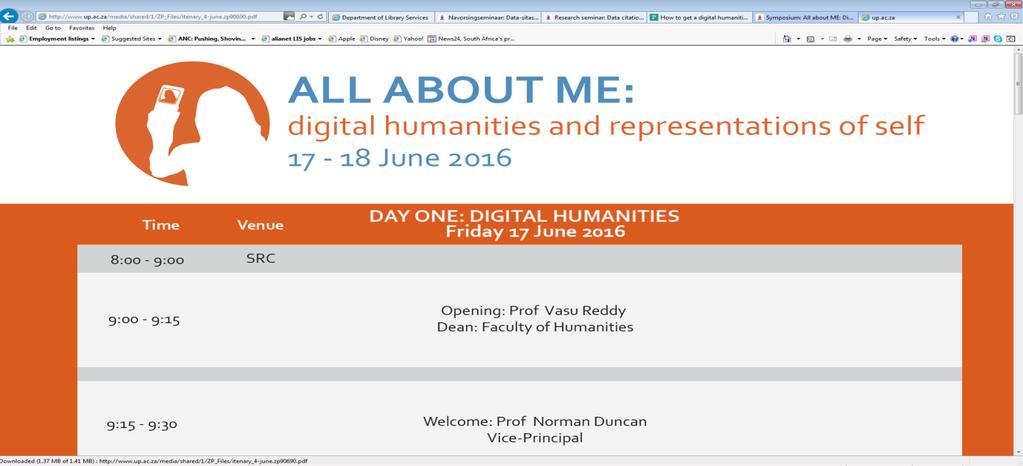 DH at UP Seminar: All about me: Digital Humanities and Representations of Self, held 17-18 June