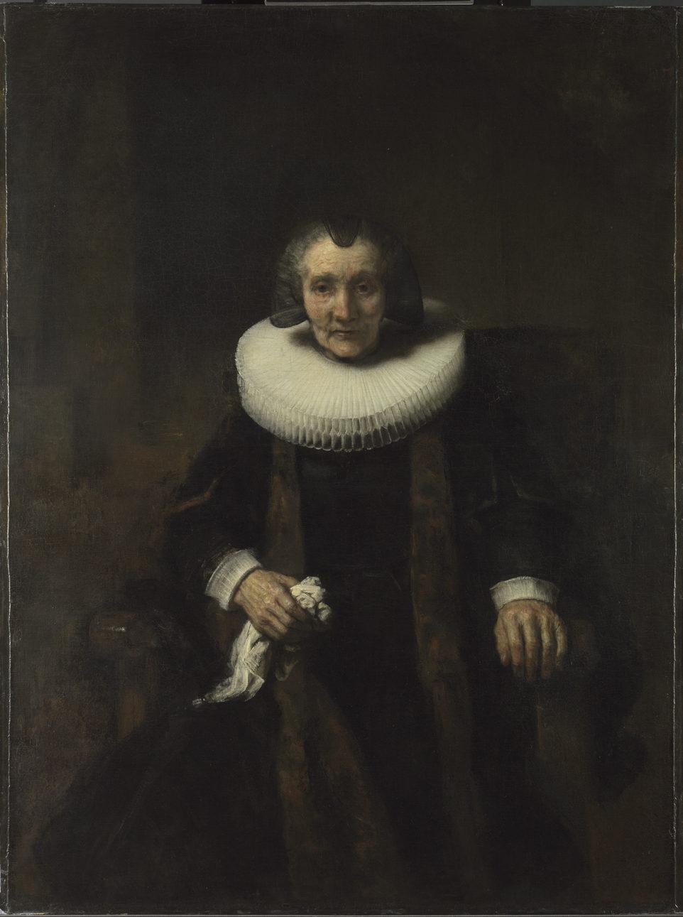 With bold brushwork Rembrandt suggests the aged character of her skin, not through definition of wrinkles but through the irregularities of its surface.
