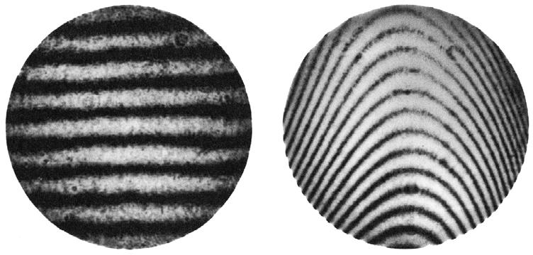 References 91 (a) (b) Fig. 10.7. Interference pattern obtained with an aspheric mirror (a) with, and (b) without a computer-generated hologram [Wyant & Bennett, 1972]. pattern. As a result, the fringe frequency S H in the hologram can vary from a minimum of 2S I to a maximum of 4S I.