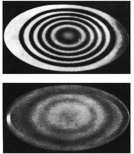130 Advanced techniques (a) (b) Fig. 14.3. Fringe patterns obtained with the same vibrating object (a tin can) using (a) the time-average technique, and (b) real-time interference [Biedermann & Molin, 1970].