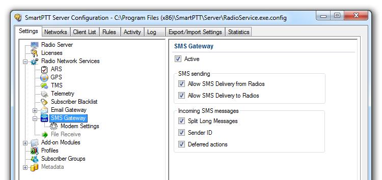 Configuring SmartPTT Radioserver and incoming messages Select the SMS Gateway item in SmartPTT Radioserver Configurator. Active: Select to enable SMS Gateway service.