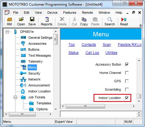 To turn on the Indoor Location menu display on the radio, click Menu in