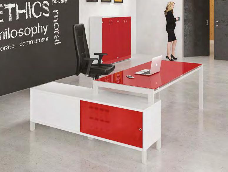 RIVERT Our Rivert constitutes a dynamic and functional office furniture range, delicately combining melamine and glass worktops with