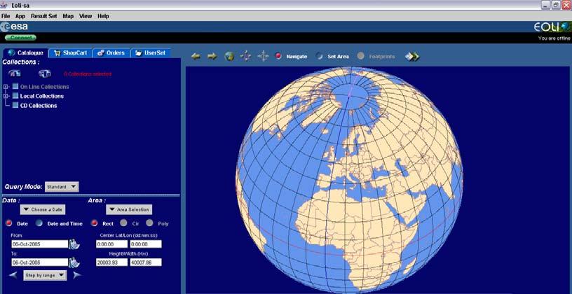 Browsing & Ordering data EOLI is the Earthnet OnLine Interactive catalogue. It is the ESA client for the Earth Observation (EO) multi-mission catalogue and ordering services.