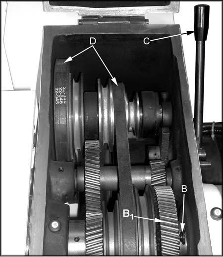 To disengage the back gear for low-speed operation, pull the pin out, turn 90 counterclockwise, and rotate the chuck until the pin seats. Figure 19 Engage back gear only for high-speed operation.