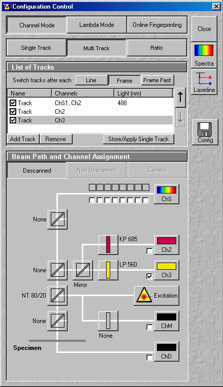 Activate tracks Store settings Multi Track Select Channel Mode and Multi Track. Press Add Track for each fluorescent probe.