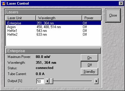 Shutdown Procedure (Final User) Open the Laser Control Dialog. Argon Lower power, select Standby, select Off. Wait until cooling cycle ends, ~ 3 minutes, Status will be reported as Connected.