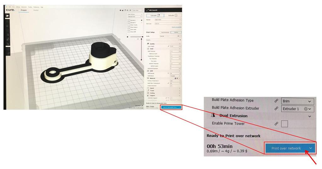 For the UM3: Start the Print In Cura, navigate to the lower left corner of the screen and select PRINT OVER NETWORK.