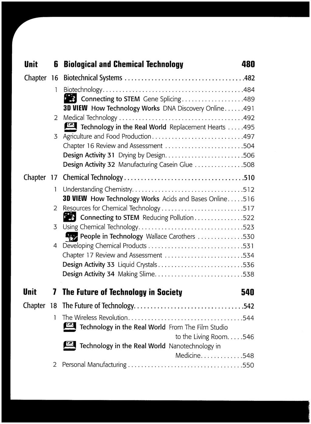Unit 6 Biological and Chemical Technology 480 Chapter 16 Biotechnical Systems 482 1 Biotechnology 484 Sfi Connecting to STEM Gene Splicing 489 3D UIEW How Technology Works DNA Discovery Online 491 2