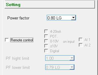 B - Regulation of the power factor Caution: You can only enable selection of regulation by power factor PF or selection of regulation of the reactive power KVAR, and the quadrature droop, if there is