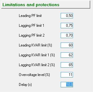 In our case we can configure the values: - Leading PF limit (min): 0.5 - Lagging PF limit 1 (max): 0.75 - Lagging PF limit 2 (max): 0.70 - Leading kvar limit (%): -60% (we can read «-0.